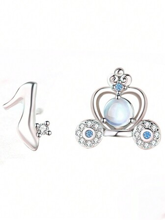 HuooNew 1雙設計風格925純銀馬車&水晶&鞋形狀耳環帶鑲嵌鑽石,A完美禮品適用於女孩