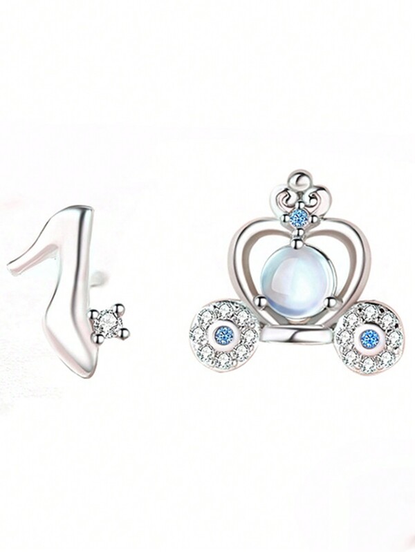HuooNew 1pair Design Style 925 Sterling Silver Carriage & Crystal & Shoes Shaped Earring With Inlaid Diamond, A Perfect Gift For Teenage Girls
