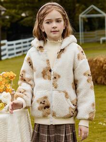 Tween Girls' Thickened Plush Casual Hooded Jacket With Bear Pattern For Warmth - Beige - View 9