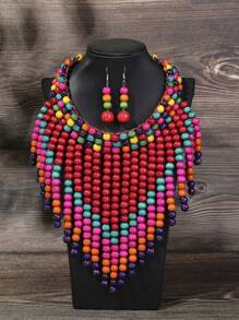 誇張多層鬍鬚手工重木珠歐式、美式、非洲、韓版波西米亞格蘭特球度假項鍊耳環