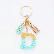 1入組新款女士樹脂流蘇鑰匙扣,設有英文字母設計,歐美流行款式,裝飾有碎石、金箔和流蘇,作為時尚包飾使用 - 彩色 - 查看 7