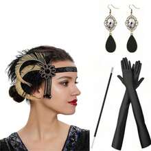 5入組1920年代復古風格配飾套裝，《大亨小傳》主題配件，包括頭飾、手套、人造珍珠項鍊、手鍊、吸煙棒、耳環 - 黃色 - 查看 3