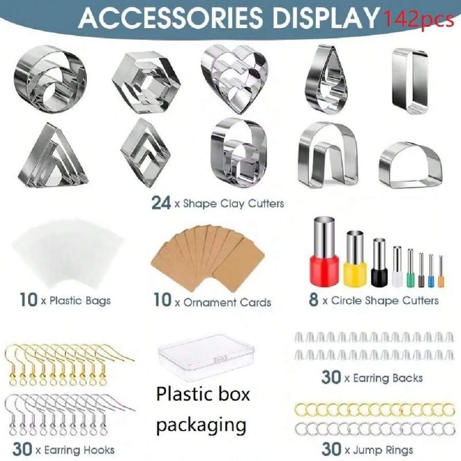142pcs/Set Stainless Steel Clay Earring Cutter Diy Colorful Polymer Clay Accessories Kit With Storage Bag & Sticker Set - Silver - View 1