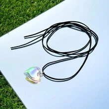 情人節多彩甜美酷炫誇張玻璃心形吊墜diy流蘇項鍊女式合金鍊和天鵝絨繩 - 彩色 - 查看 3