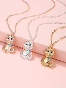 3入組時尚卡通貓和動物方形氧化鋯項鍊,bff、女友、可愛的太空貓墜飾首飾,聖誕禮物 - 彩色 - 查看 2