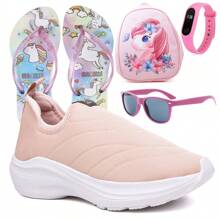 Tenis Infantil Feminino Escolar Casual Para Meninas Calce Facil  + Mochila Chinelo Óculos e Relógio