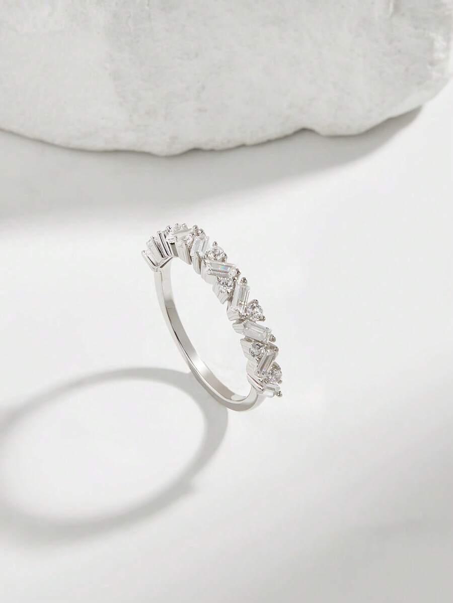 1pc Simple & Fashionable 925 Sterling Silver Cubic Zirconia Micro Inlay Basic Ring For Women's Daily Wear - Silver - View 1