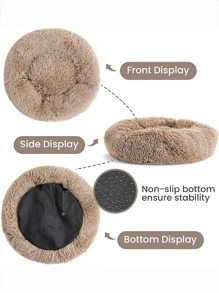 A Piece Of Beige Plush, Non-Detachable, Round Pet Bed Which Is Soft, Comfortable, And Machine Washable, Suitable For Daily Use, Home And Travel For Cats And Dogs, And Ideal For Small To Medium-Sized Pets.
