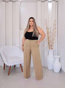 Calca pantalona tecido duna plus size com bolso cintura elastica nas costas /feminina