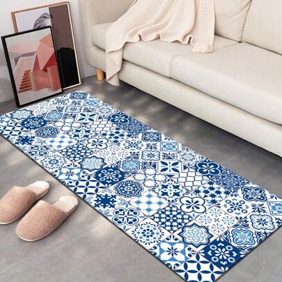 1pc Blue And White Checkerboard Moroccan Style Long Non-Slip Floor Mat Living Room Sofa Side Bedroom Bedside Comfortable Standing Floor Mat Bathroom Kitchen Hallway Absorbent Soft Floor Mat Entry Door Mat Home Decoration
