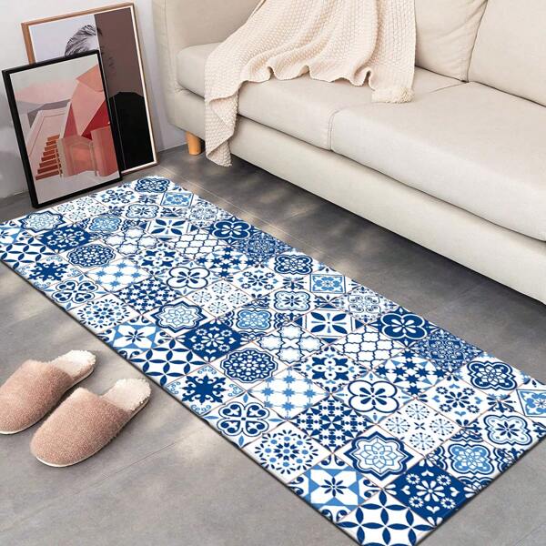 1pc Blue And White Checkerboard Moroccan Style Long Non-Slip Floor Mat Living Room Sofa Side Bedroom Bedside Comfortable Standing Floor Mat Bathroom Kitchen Hallway Absorbent Soft Floor Mat Entry Door Mat Home Decoration