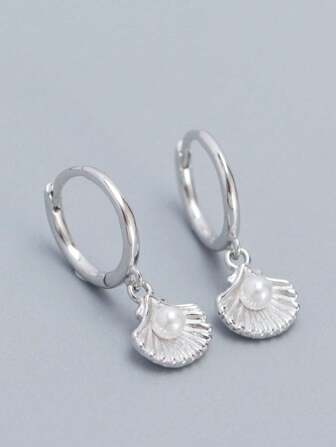 Faux Pearl & Shell Decor Sterling Silver Drop Earrings