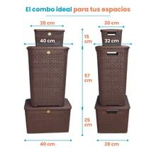 Canastas Cestos Organizadoras Paquete Kit 3 piezas para Ropa Multiusos con Tapa Rattan Plástico - Marrón Chocolate - Ver 5