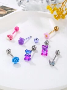 1入組可愛舌環設計不鏽鋼舌針，小熊蘑菇裝飾舌珠杆環，適用於女士女孩送給最好的朋友的聖誕禮物及日常佩戴 - 彩色 - 查看 4