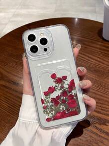 A Niche Simple Rose Print Transparent Camera Phone Case With Card Slot And Fine Hole Raised Protection Soft Case Compatible With IPhone - Multicolor - View 1