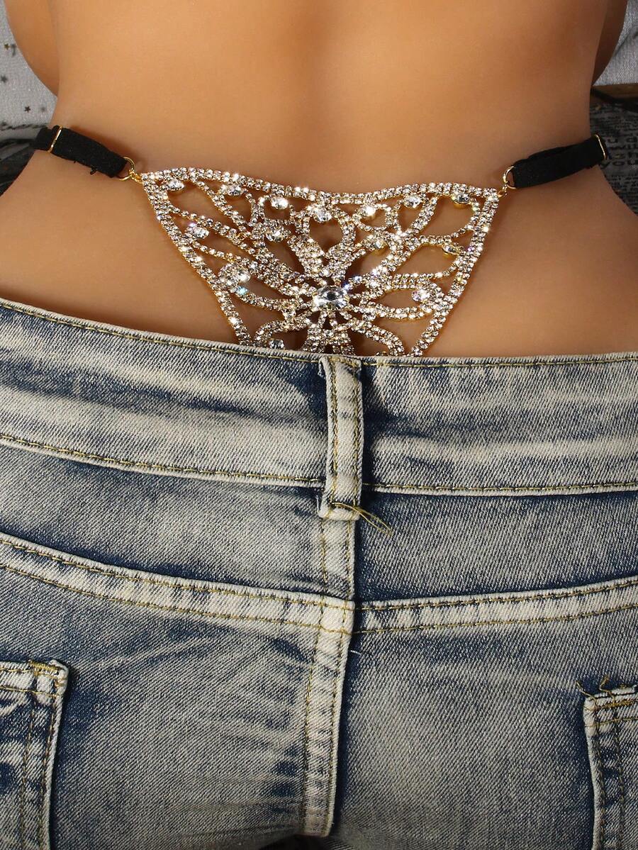 1pc Silver-Color Floral Design Rhinestone Black Lace Thong Body Chain For Beaches Or Sexy Looks
