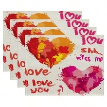 4入組情人節餐墊套裝包括2塊心型印花墊子,防熱廚房桌墊用於派對婚禮晚宴裝飾、餐桌配件、廚房用品、家居裝飾、禮品 - 紅色 - 查看 3