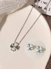 VceTd 一套 3 件简约清新的幸运草和花瓣设计项链和耳环套装，适合女性日常佩戴或作为情人节礼物套装 - 金黃色 - 查看 3