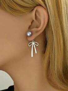 1 對優雅西式絲帶蝴蝶結、珍珠、水晶和流蘇吊墜耳環,適合女士派對 - 灰珍珠蝴蝶結 - 查看 2