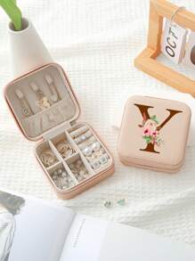 1入組A-Z字母印花粉色珠寶收納盒，戒指收納盒，項鍊收納盒，耳環收納盒，女士首飾收納盒，聖誕節禮物，生日禮物，給媽媽、伴娘、朋友的禮物