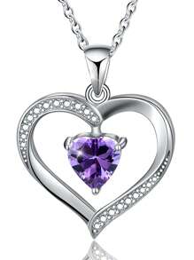 1入組二月誕生石心形墜飾項鍊適合女士S925純銀母親節情人節精細首飾類生日禮物適合女孩