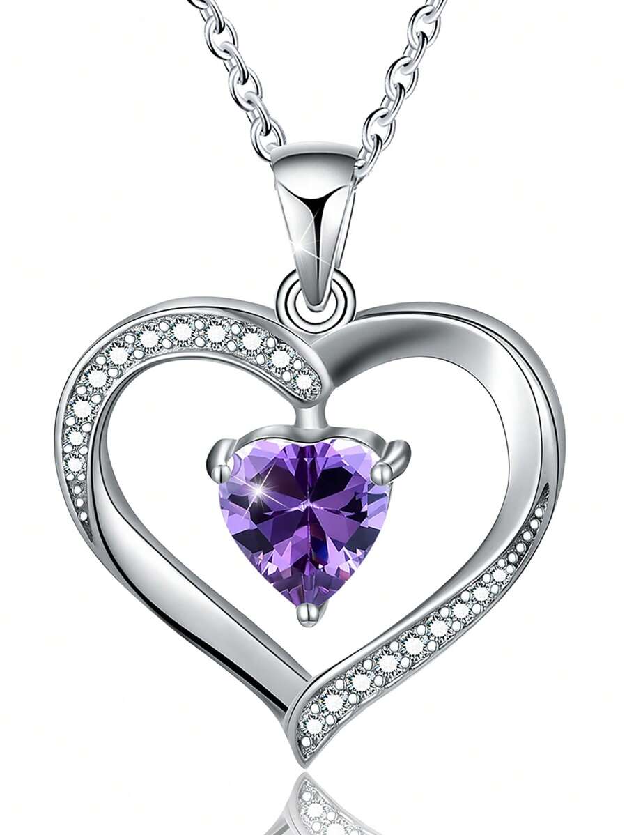 1入組二月誕生石心形墜飾項鍊適合女士S925純銀母親節情人節精細首飾類生日禮物適合女孩