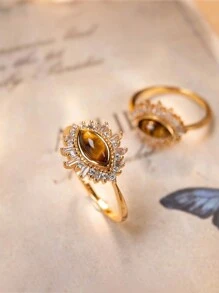 Stylever 1pc Vintage Unique Krocodylite Ring Ladies Jewelry For Women S925 Sterling Silver Exquisite Natural Yellow Tiger Eyes Tumbled Stones Single Ring Fine Jewelry Gifts For Girls Birthday Prom Party For Daily Life Dating Decor - Gold - View 7