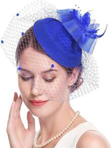 女性禮帽,20世紀20年代50年代復古紙板帽,肯塔基德比賽禮帽,花朵面紗婚禮茶會帽 - 藍色 - 查看 2