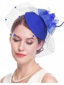 女性禮帽,20世紀20年代50年代復古紙板帽,肯塔基德比賽禮帽,花朵面紗婚禮茶會帽 - 藍色 - 查看 3