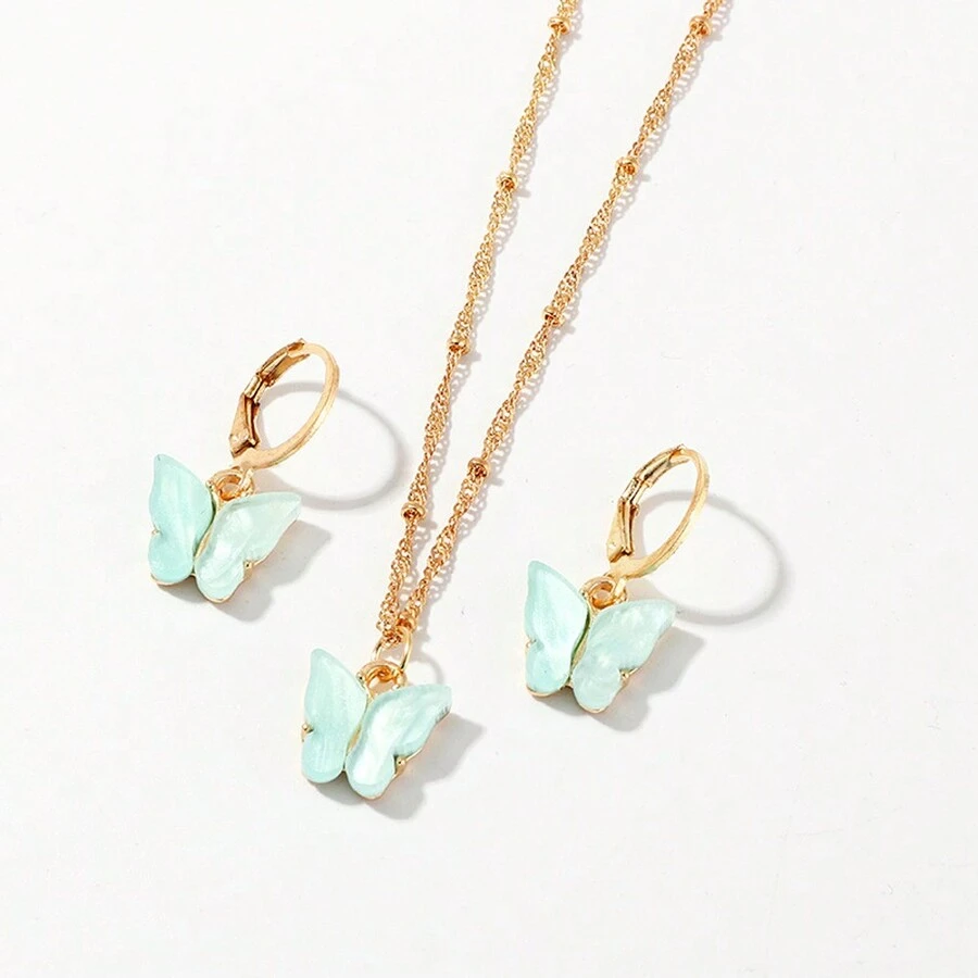 Fashionable Polyresin Butterfly Pendant Kids' Jewelry Set Including 1pc Necklace And 1pair Earrings - Mint Green - View 1