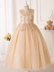 Tween Girl Floral Appliques Bow Back Mesh Overlay Party Dress