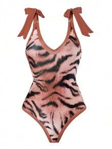 新款女士透氣、彈性、親膚老虎印花網紗泳裝連身裙 - 駝色 - 查看 4