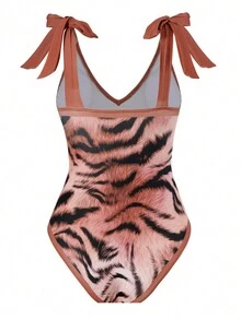 新款女士透氣、彈性、親膚老虎印花網紗泳裝連身裙 - 駝色 - 查看 5