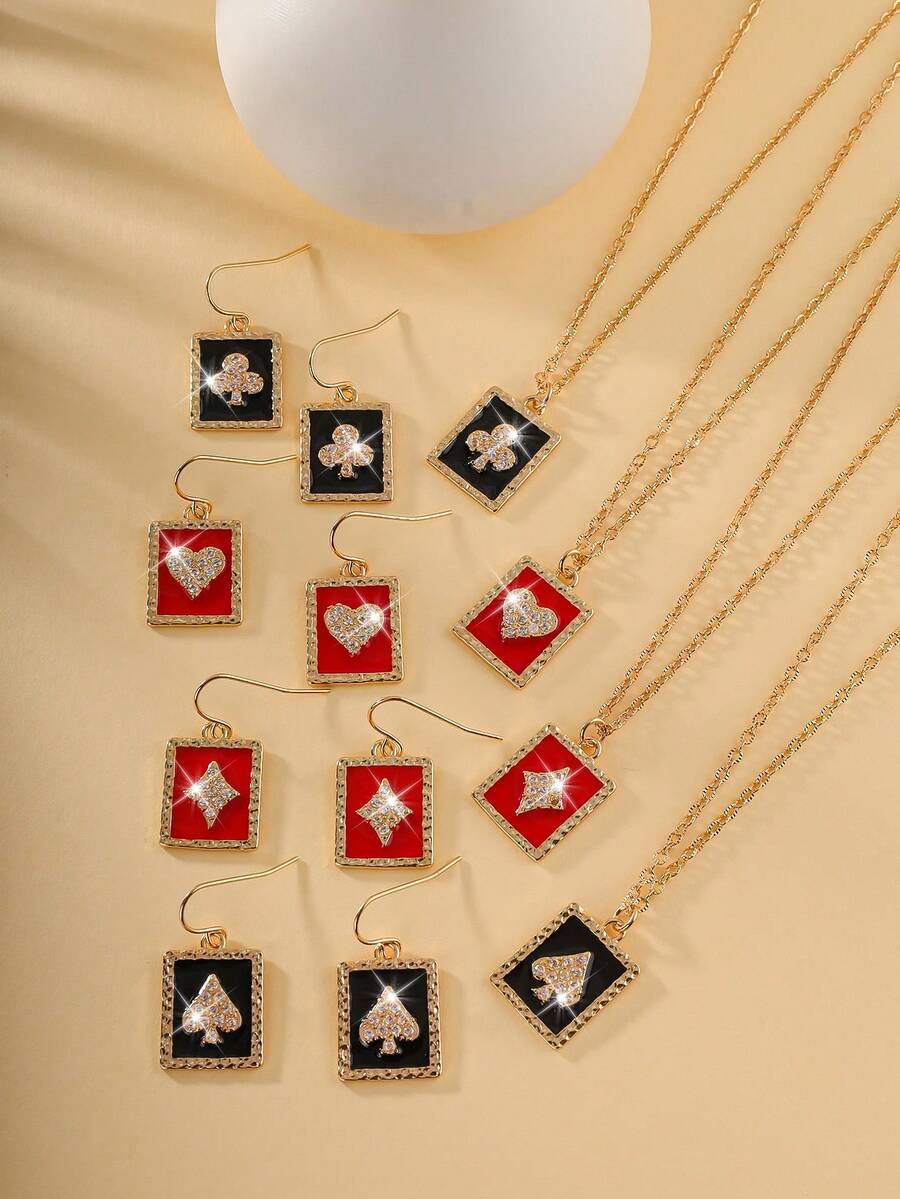 1set French Style Exquisite Micro-Inlaid Gemstone Oil-Drop Version Poker Card Heart A Necklace And Earrings Set - Yellow Gold - View 1