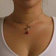 情人節紅玫瑰時尚吊墜項鍊,時尚簡約的玫瑰吊墜花卉首飾適用於女孩 - 紅色 - 查看 2