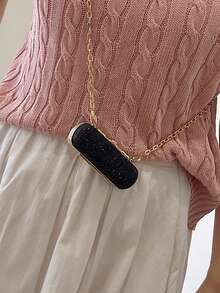 镶满水钻的时尚手拿包，流行轻奢晚宴包，化妆包，迷你个性化口红小包，女士名媛风链条单肩斜挎金属链耳机包 - 黑色 - 查看 4