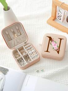 1入組A-Z字母印花粉色珠寶收納盒，戒指收納盒，項鍊收納盒，耳環收納盒，女士首飾收納盒，聖誕節禮物，生日禮物，給媽媽、伴娘、朋友的禮物