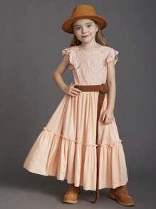 Tween Girl Summer Holiday Contrast Lace Cap Sleeve Dress With Ruffled Trim - Pink - View 5