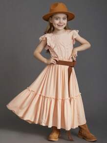 Tween Girl Summer Holiday Contrast Lace Cap Sleeve Dress With Ruffled Trim - Pink - View 2