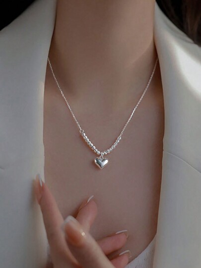 1 pieza Collar de plata de ley S92 con cuentas con forma de corazón delicadas y románticas, regalo para mujeres, para vacaciones o San Valentín