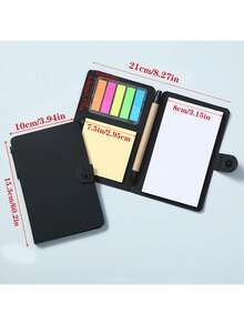 1入組簡易透明便利貼設定和帶撕碎筆的按鈕式pu皮筆記本 - 黑色 - 查看 2