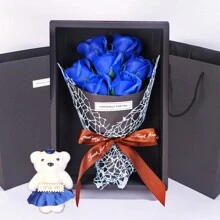 Simulation Rose Soap Flower Bouquet With 7 Roses, Gift Boxed, Featuring Teddy Bear, Creative Valentine'S Day Gift, Mother'S Day, Teacher'S Day Gift - Blue - View 1
