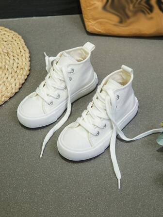 OPOEE White Cloth Shoes For Baby Mid-Top Sneakers For Kids, Spring And Autumn, Korean Style, Simple, Fashionable Lace-Up Athletic Shoes For Boys And Girls, Classic High-Top Canvas Shoes, And Versatile Casual Sports Skateboard Shoes For Kids