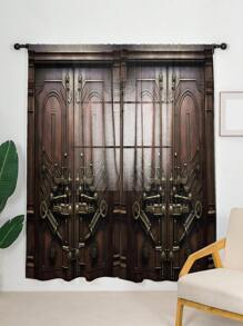 1入組復古木門系列圖案印花窗簾 - 多種色 - 查看 1