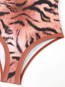 新款女士透氣、彈性、親膚老虎印花網紗泳裝連身裙 - 駝色 - 查看 3