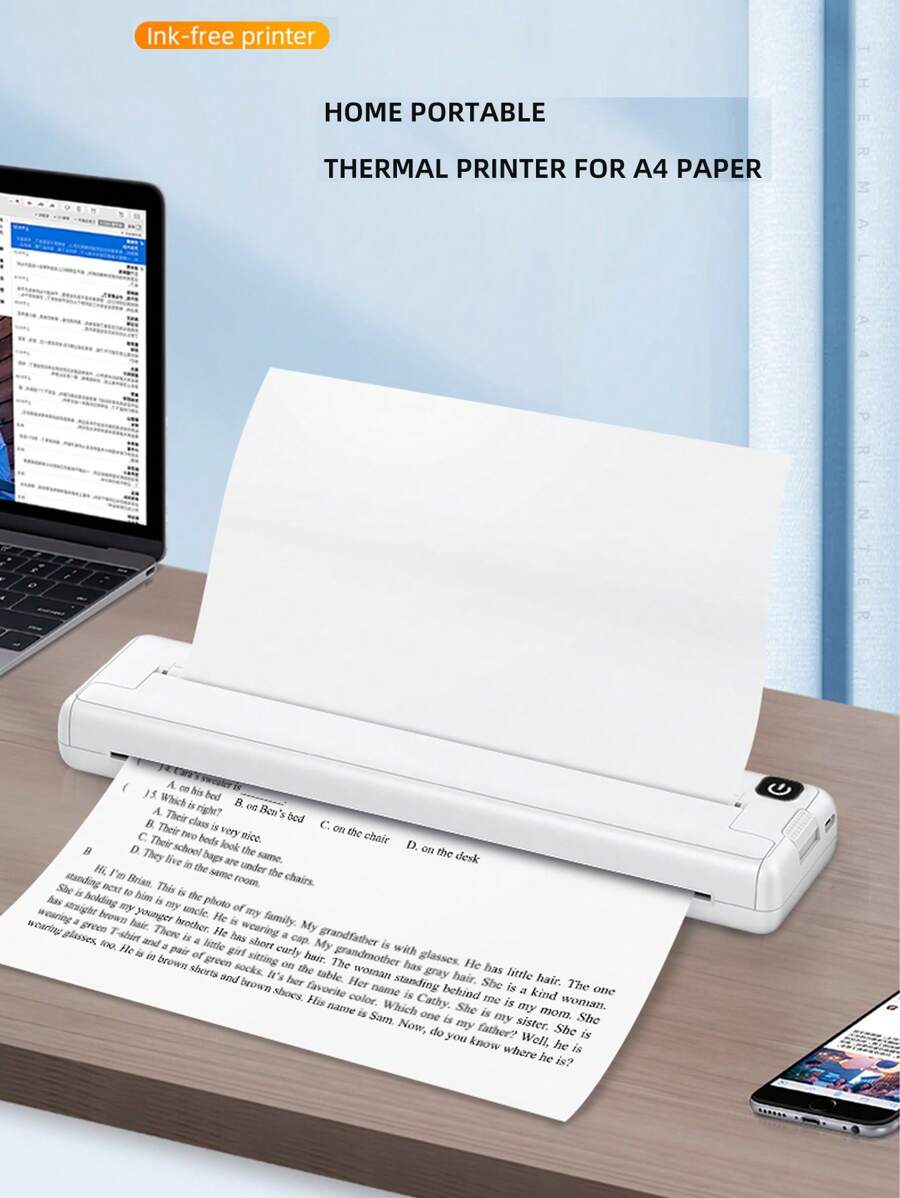 Impresora Térmica Portátil A4, Impresión Rápida, Adecuada Para Uso En El Hogar - Blanco - Ver 1