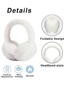 冬季保暖耳罩 - 可折叠蓬松耳罩带头带，加厚毛绒耳罩，适合男孩女孩和儿童旅行、骑行和其他户外活动 - 白色 - 查看 5