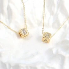 A Fashionable And Versatile Women's Pendant Necklace With 26 English Letters Copper Plated Gold Micro Inlay Zirconia Three-Dimensional Dice Block Assembly Pendant Collarbone Chain - Gold - View 9