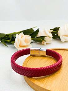 1 Piece Of Men's Bracelet Retro Simple Braided Leather Rope Bracelet - Red - View 2