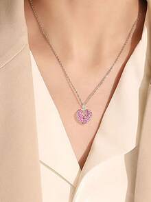 1條純銀閃閃發光的鑽石裝飾心形吊墜項鍊,鎖骨鏈女士配戴 - 銀色 - 查看 6
